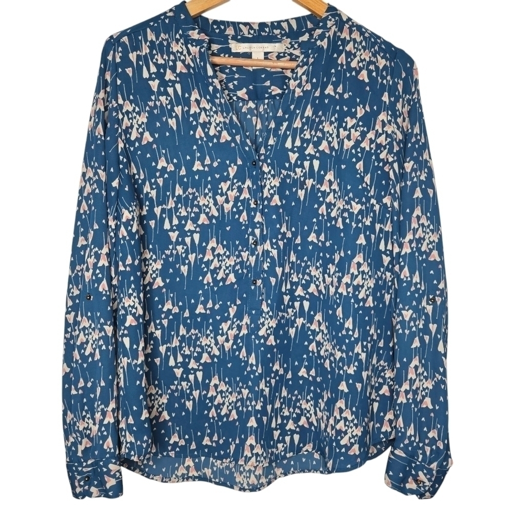 LC Lauren Conrad Womens Preppy Fliral Heart Print Business Casual Blouse Large